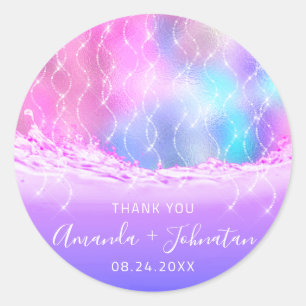 Thank Rose Name Date Spark Blue Ocean Waves Pink Classic Round Sticker
