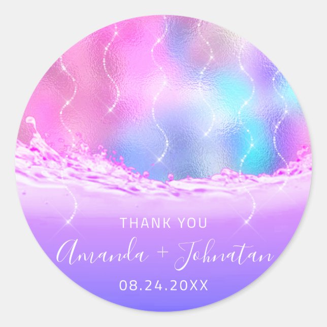 Thank Rose Name Date Spark Ocean Waves Pink Classic Round Sticker (Front)