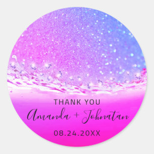 Thank Rose Name Date Spark Ombre Waves Fuchsia Classic Round Sticker