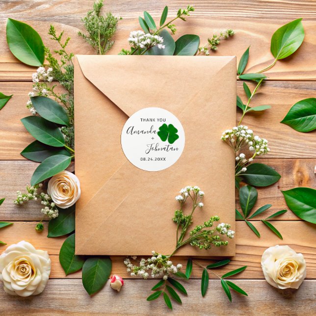 Thank Save The Date Name Four-leaved Clover White Classic Round Sticker (Thank Save The Date Name Four-leaved Clover White Classic Round Sticker)