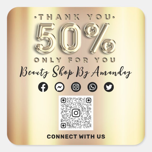 Thank Shopping 50%Off QR CODE Faux Gold Square Sticker (Front)