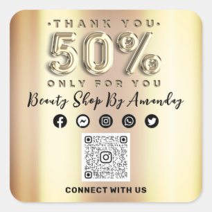 Thank Shopping 50%Off QR CODE Faux Gold Square Sticker