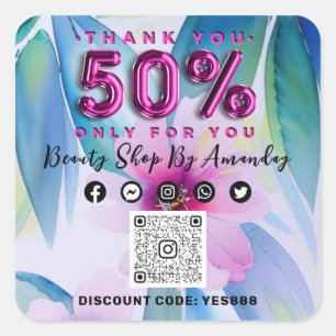 Thank Shopping 50%Off QR CODE Floral Tropical Pink Square Sticker