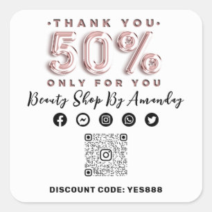 Thank Shopping 50% Off QR CODE Logo Discount White Square Sticker