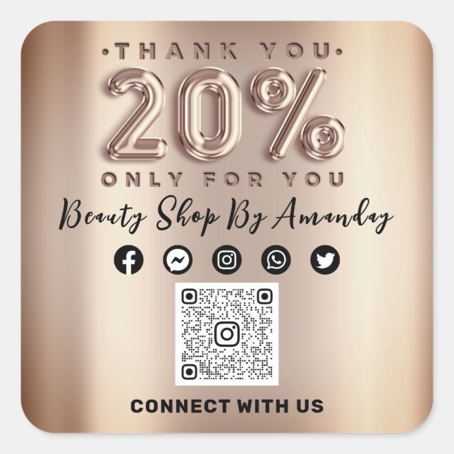 Thank Shopping Rose 20%Off QR CODE Online Social  Square Sticker (Front)