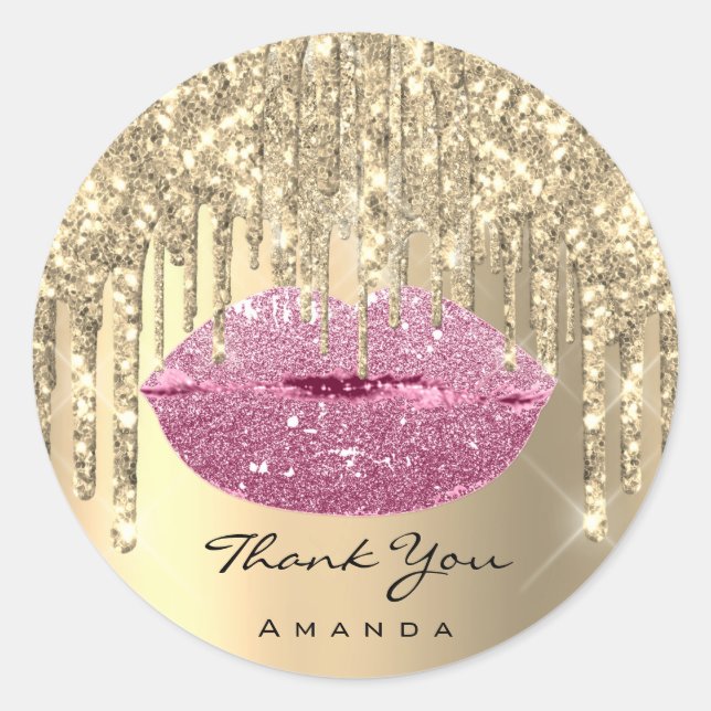 Thank Small Business Name Gold Pink Glam Lips Classic Round Sticker (Front)