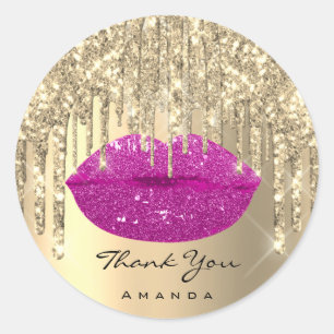 Thank Small Business Name Gold Pink Glitter Lips Classic Round Sticker