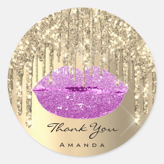 Thank Small Business Name Gold Pink Glitter Lips Classic Round Sticker (Front)
