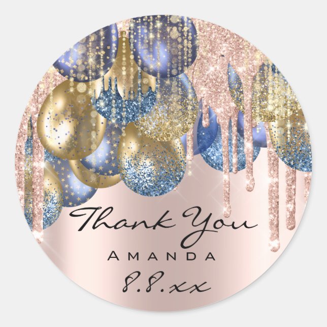 Thank Sweet 16th Birthday Ballons Blue Gold Rose Classic Round Sticker (Front)