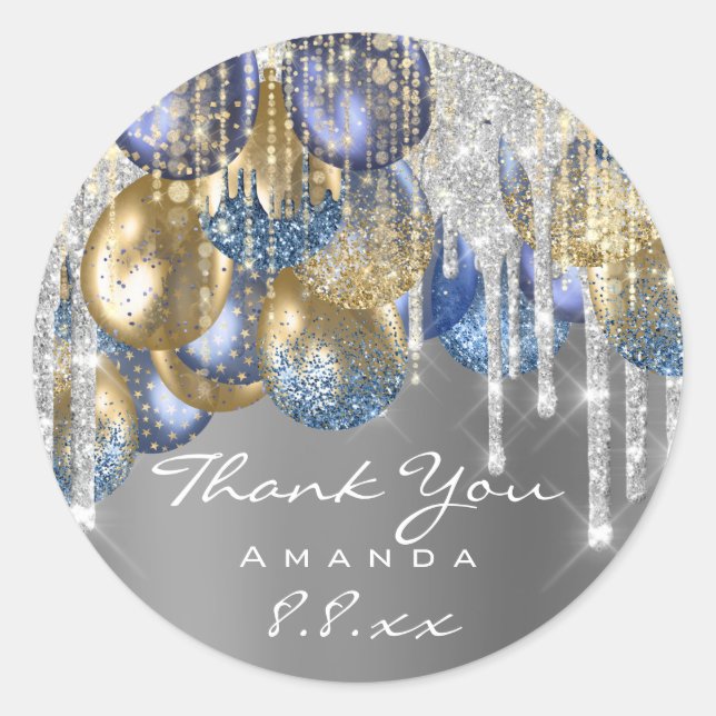 Thank Wedding Birthday Ballons Blue Silver Drips Classic Round Sticker (Front)