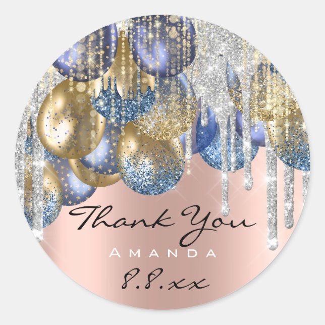 Thank Wedding Birthday Ballons Blue Silver Rose Classic Round Sticker (Front)
