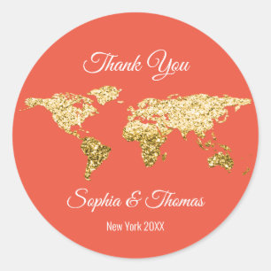 Thank Wedding Golden World Destination Map Coral Classic Round Sticker