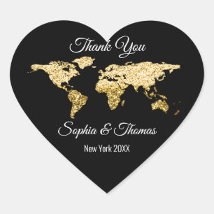 Thank Wedding Golden World Destination Map Heart Sticker
