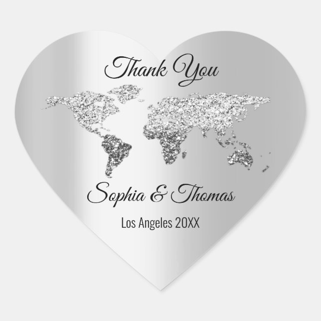 Thank Wedding World Map Destination Grey Heart Sticker (Front)