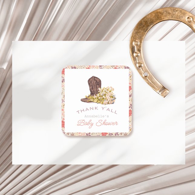 Thank Y'all Cowboy Boot & Bouquet Baby Shower Square Sticker (Creator Uploaded)