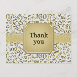 Thank You 100th Birthday Number Pattern Gold/White Postcard