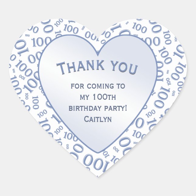 Thank You - 100th Blue/White Number Pattern Heart Sticker (Front)