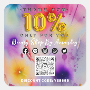 Thank You  10% Off QRCODE Logo Discount Flowers Square Sticker