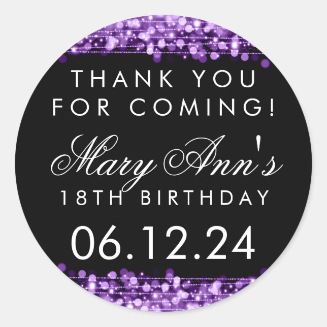 Thank You 18th Birthday Party Sparkles Purple Classic Round Sticker (Front)