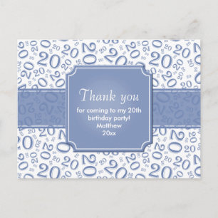 Thank You 20th Birthday Number Pattern Blue/White Postcard