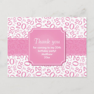 Thank You 20th Birthday Number Pattern Pink/White Postcard