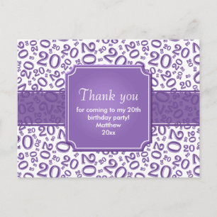 Thank You 20th Birthday Number Pattern Purple Postcard