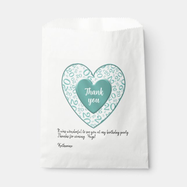 Thank you: 20th Teal Heart Random Number Pattern Favour Bag (Front)