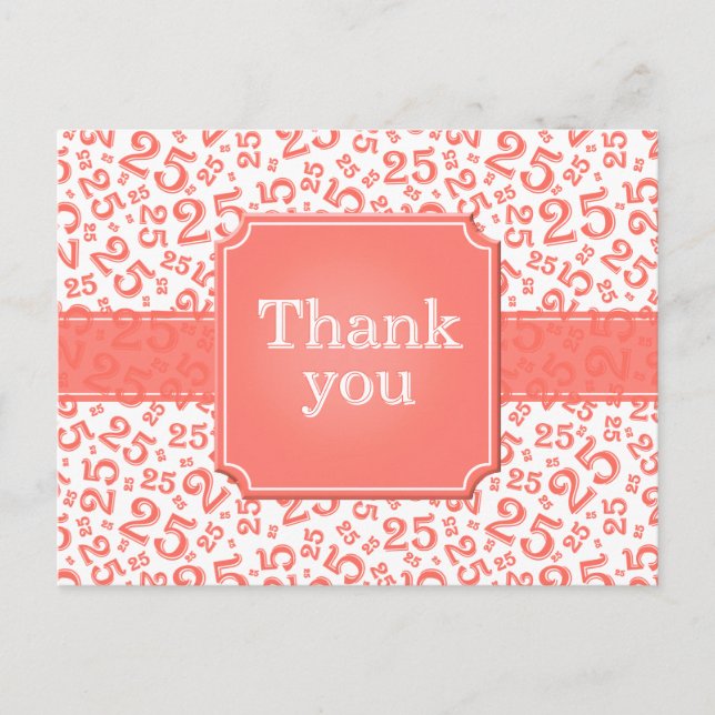 Thank You 25 Number Pattern Coral/White Postcard (Front)