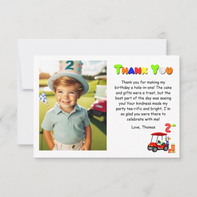 Thank You 2nd Birthday Pattern Red Golf Cart Boy's Card (Front)