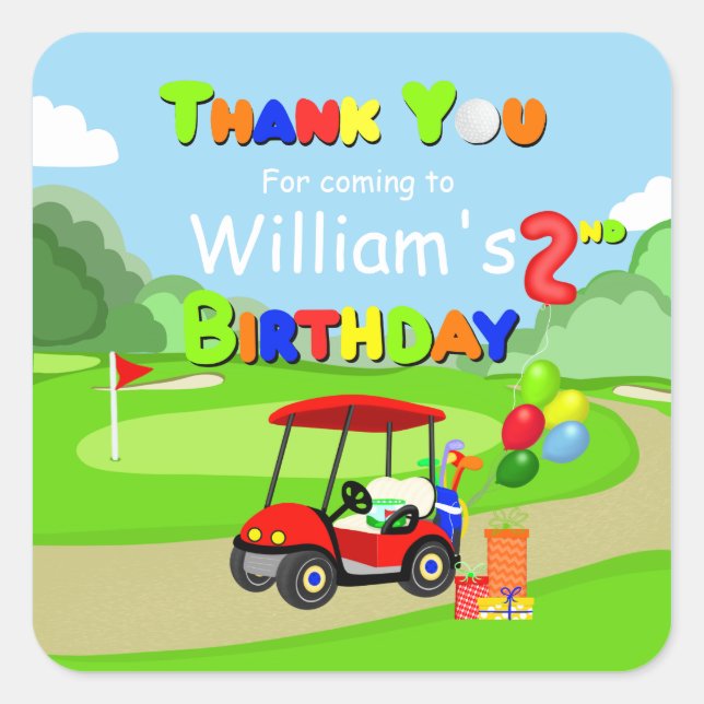 Thank You 2nd Birthday Red Golf Cart Boy's Square Sticker (Front)