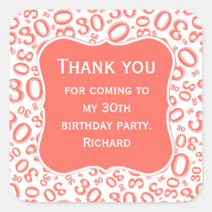 Thank you: 30th Birthday Coral Number Pattern Square Sticker