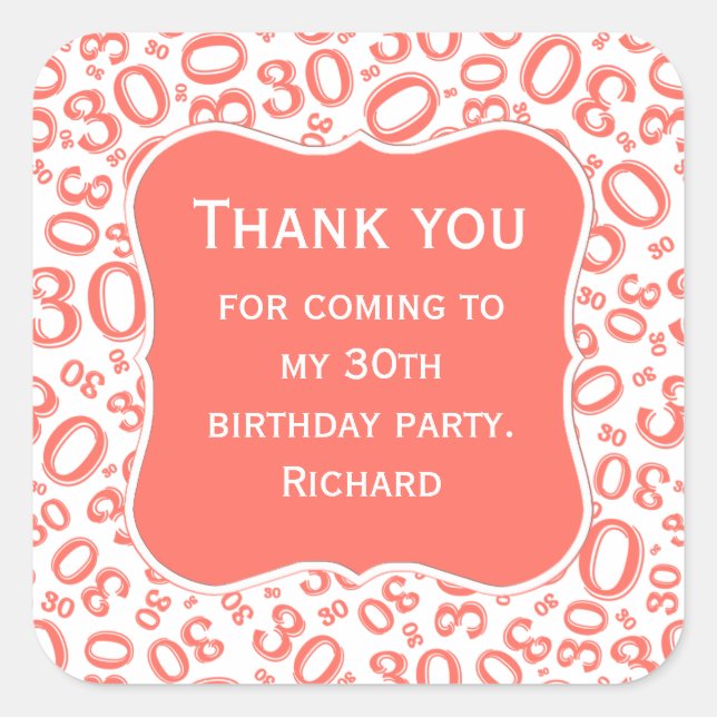 Thank you: 30th Birthday Coral Number Pattern Square Sticker (Front)