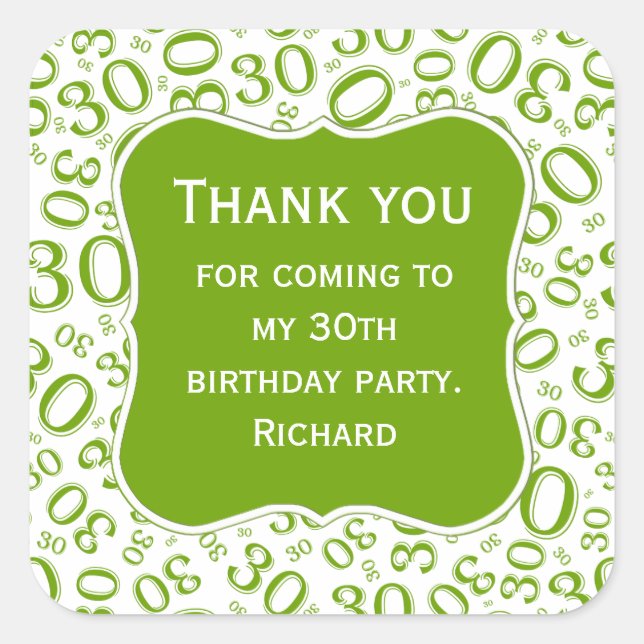 Thank you: 30th Birthday Green Number Pattern Square Sticker (Front)