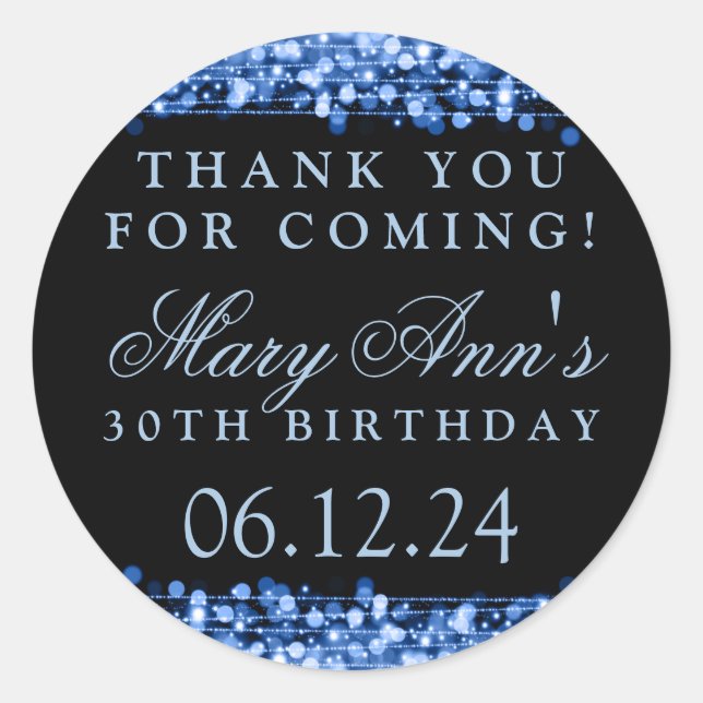 Thank You 30th Birthday Party Sparkles Blue Classic Round Sticker (Front)