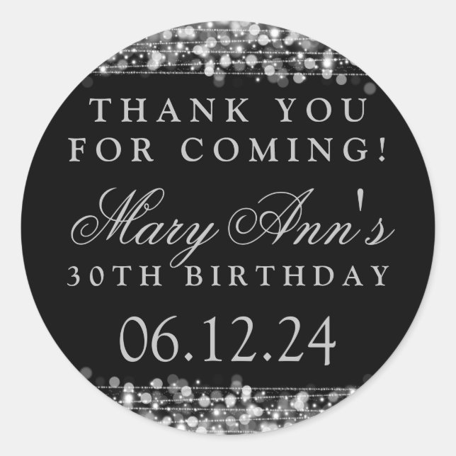 Thank You 30th Birthday Party Sparkles Silver Classic Round Sticker (Front)