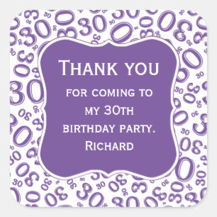 Thank you: 30th Birthday Purple/White Pattern Square Sticker