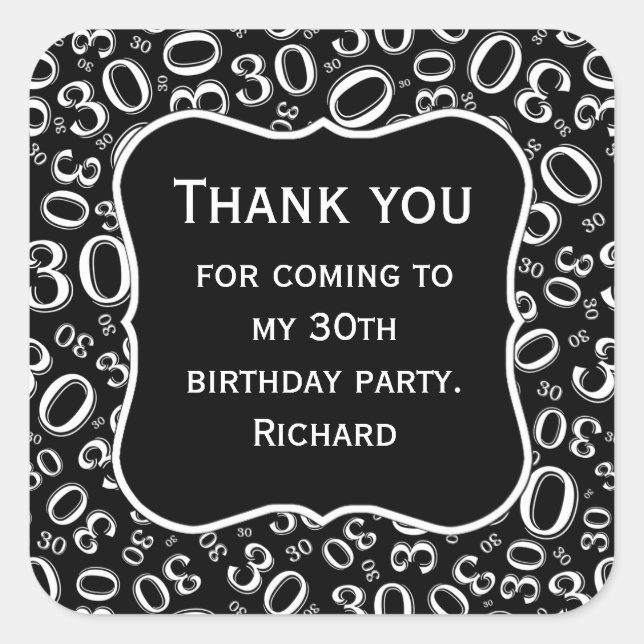 Thank you: 30th Birthday White Number Pattern Square Sticker (Front)