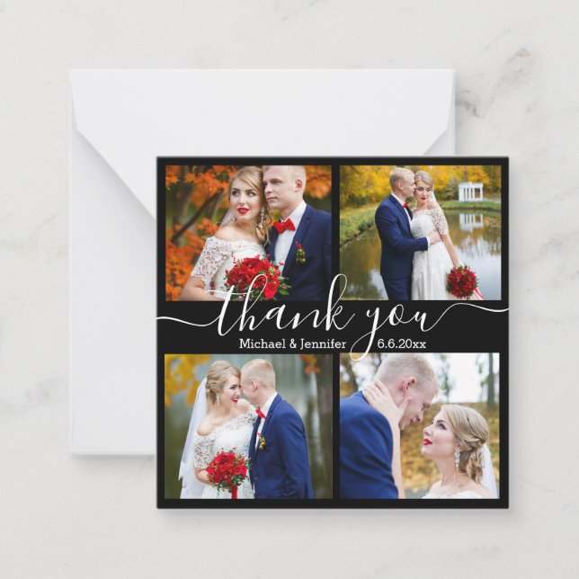 thank you, 4 photos wedding black and white card (Front)