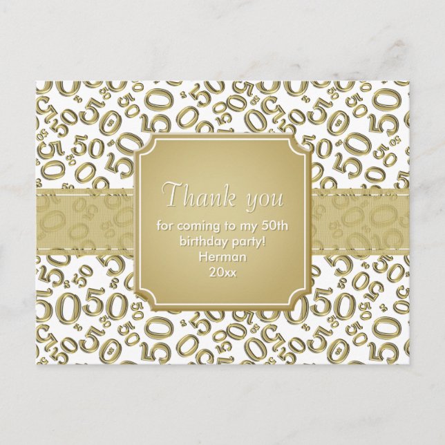 Thank You 50 Random Number Pattern Gold/White Postcard (Front)