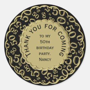 Thank You 50th Number Pattern Black and Gold Classic Round Sticker