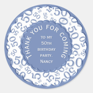 Thank You 50th Number Pattern Blue and White Classic Round Sticker