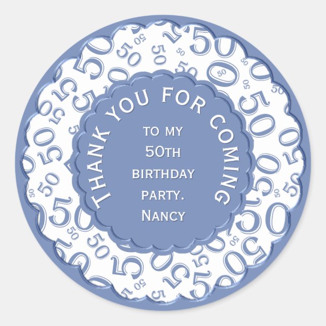 Thank You 50th Number Pattern Blue and White Classic Round Sticker (Front)