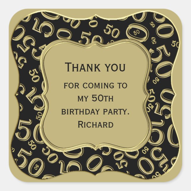 Thank you: 50th Number Pattern Gold/Black Bracket Square Sticker (Front)