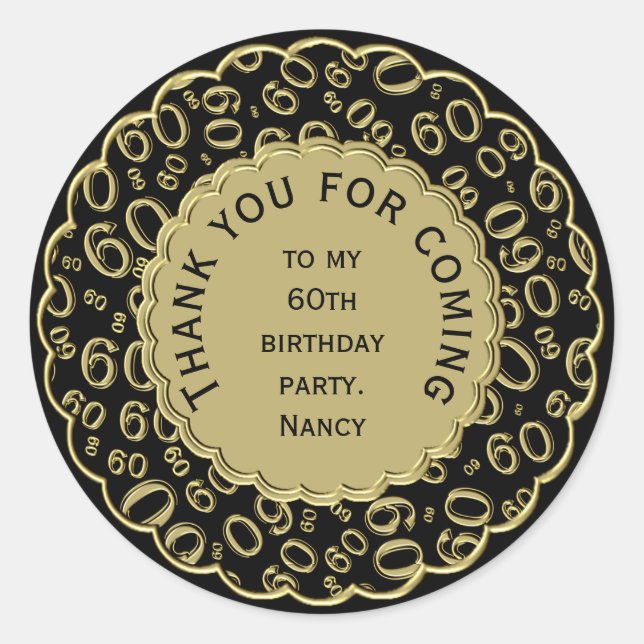 Thank You 60th Birthday Number Pattern Black/Gold Classic Round Sticker (Front)