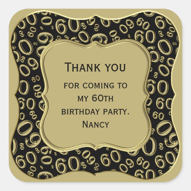 Thank you: 60th Number Pattern Gold/Black Bracket Square Sticker (Front)