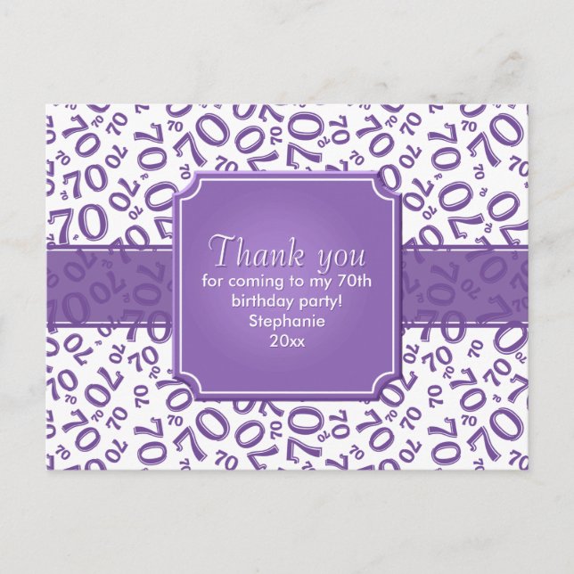 Thank You 70 Birthday Number Pattern Purple/White Postcard (Front)