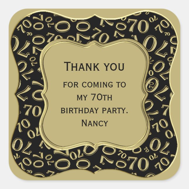 Thank you - 70th Birthday Black and Gold Party Square Sticker (Front)
