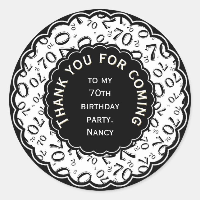 Thank You 70th Birthday Number Pattern Black/White Classic Round Sticker (Front)