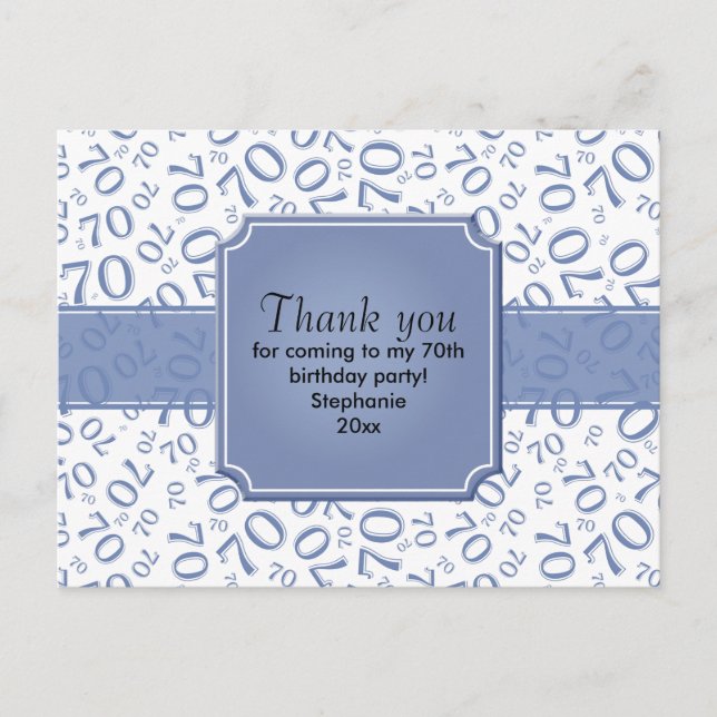 Thank You: 70th Birthday Number Pattern Blue/White Postcard (Front)