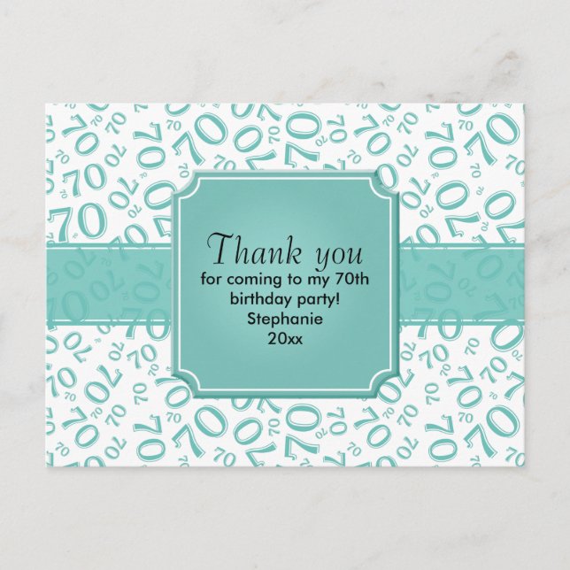 Thank You: 70th Birthday Number Pattern Teal/White Postcard (Front)